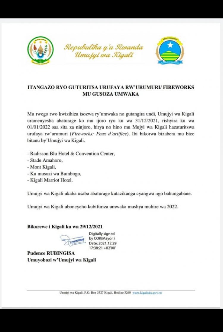 Kigali: Integuza Ku ituritswa rya fireworks